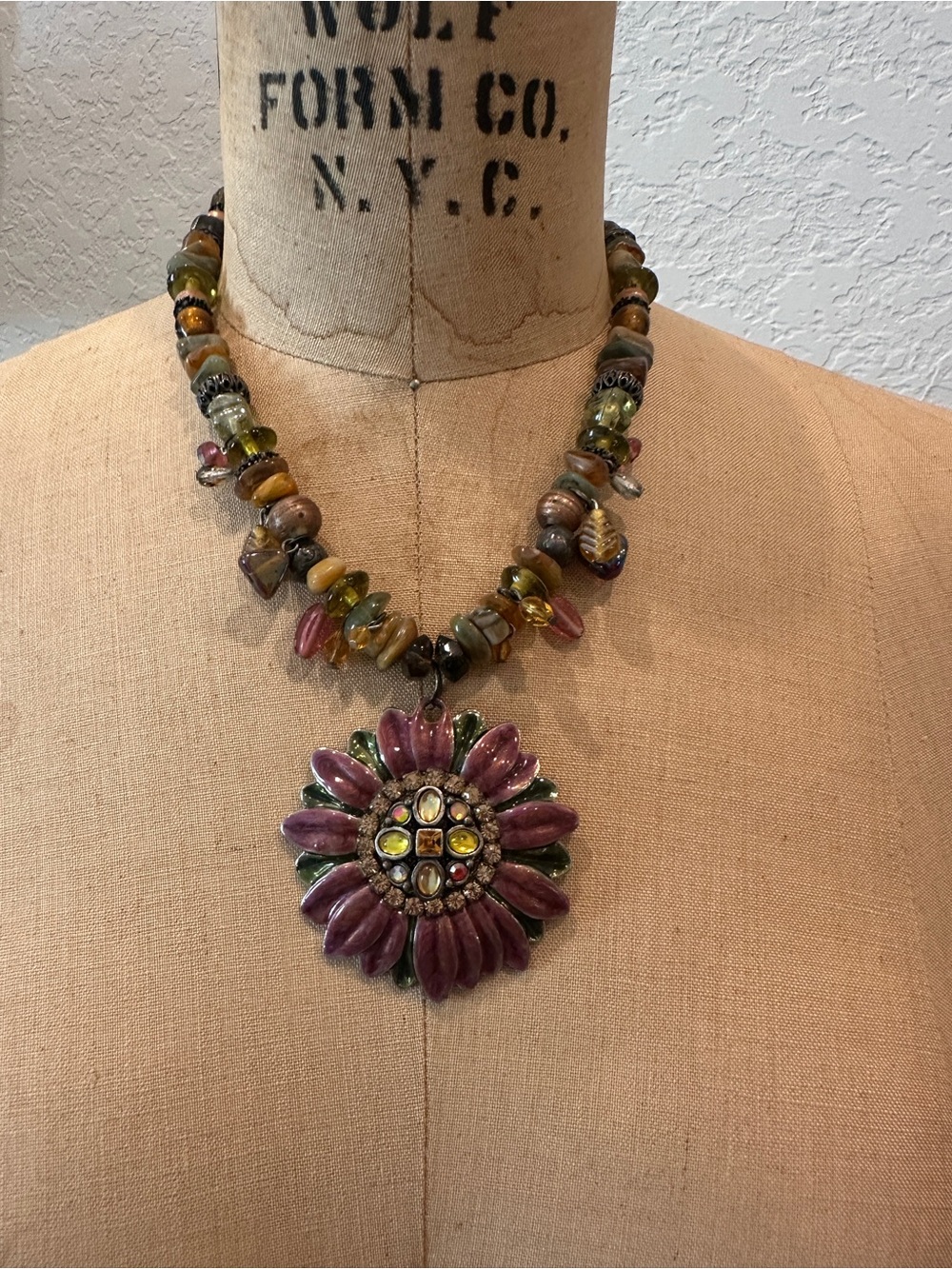 Chico's Pink Floral Pendant Beaded Necklace with Green, Yellow & Brown Accents
